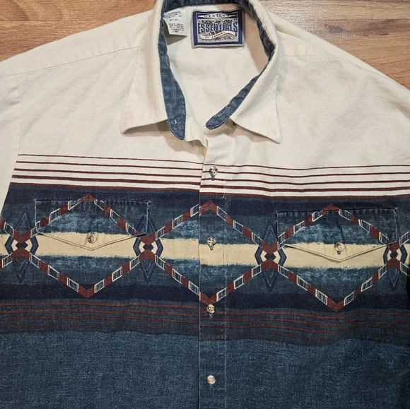 Western Essentials by Karman Shirt XL Vintage Aztec Chambray Denim Button-Up - Picture 3 of 9